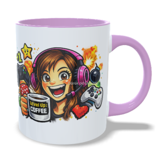 Hrnek pro hráčku - 330 ml – "Level up" - Růžová